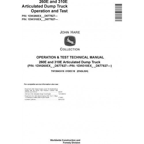 TM13843X19 John Deere 260E, 310E Articulated Dump Truck Pdf Diagnostic Technical Manual