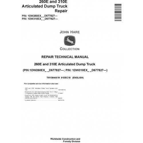 TM13844X19 John Deere 260E, 310E Articulated Dump Truck  Pdf Repair Service Technical Manual