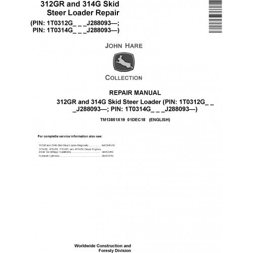 TM13851X19 John Deere 312GR and 314G Skid Steer Loader Pdf Repair Service Technical Manual