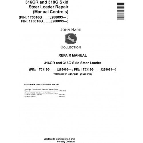 TM13852X19 John Deere 316GR and 318G Skid Steer Loader Pdf Repair Service Technical Manual