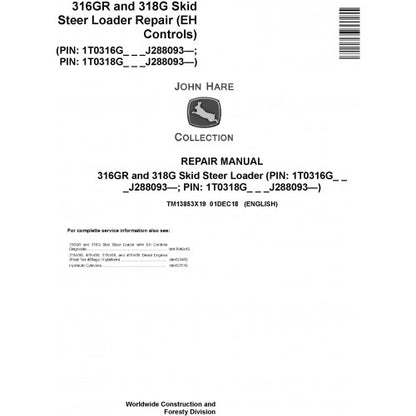 TM13853X19 John Deere 316GR and 318G Skid Steer Loader Pdf Repair Service Technical Manual