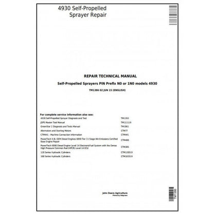 TM1386 John Deere 4930 Self-Propelled Sprayers Pdf Technical Service Manual