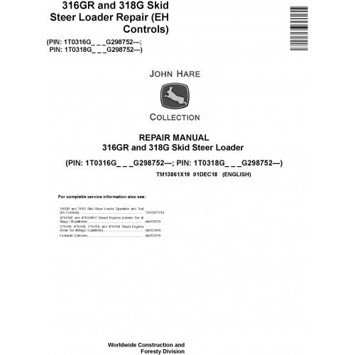 TM13861X19 John Deere 316GR and 318G Skid Steer Loader Pdf Repair Service Technical Manual