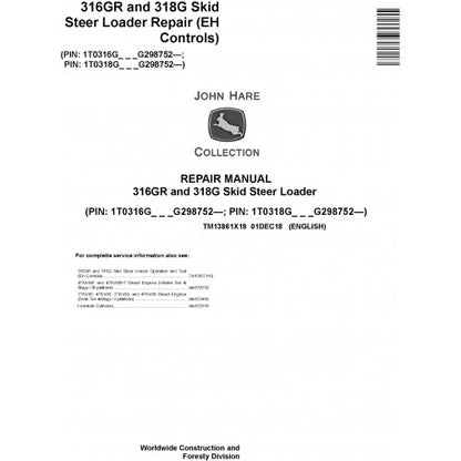 TM13861X19 John Deere 316GR and 318G Skid Steer Loader Pdf Repair Service Technical Manual