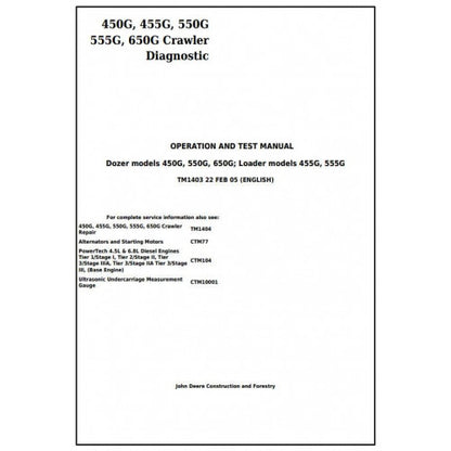 TM1403 John Deere 450G, 455G, 550G, 555G, 650G Crawler Dozer/Loader Pdf Diagnostic, Operation and Test Service Manual