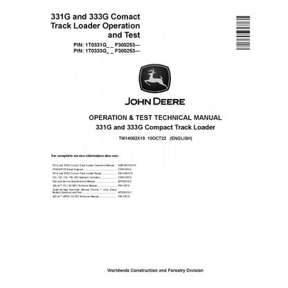 TM14062X19 John Deere 331G and 333G Compact Track Loaders Pdf Diagnostic, Operation and Test Service Manual