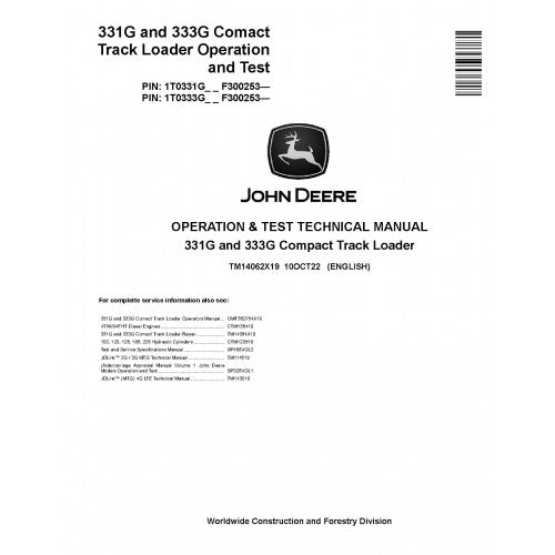 TM14062X19 John Deere 331G and 333G Compact Track Loaders Pdf Diagnostic, Operation and Test Service Manual