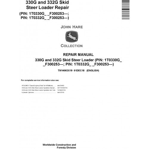 TM14063X19 John Deere 330G and 332G Skid Steer Loader Pdf Repair Service Technical Manual