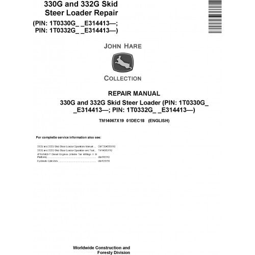 TM14067X19 John Deere 330G and 332G Skid Steer Loader Pdf Repair Service Technical Manual