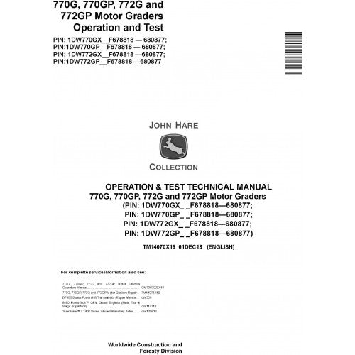 TM14070X19 John Deere 770G, 770GP, 772G, 772GP Motor Graders Pdf Operation and Test Technical Manual