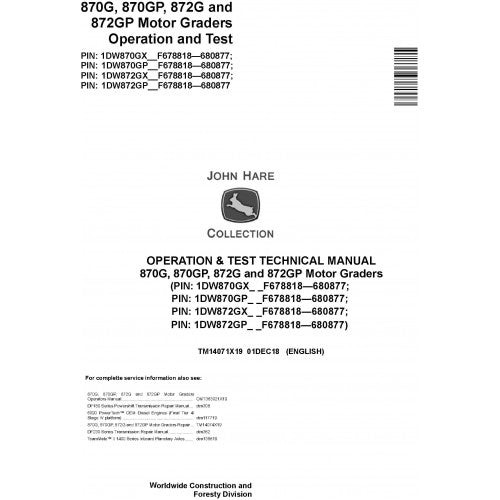 TM14071X19 John Deere 870G, 870GP, 872G, 872GP Motor Graders Pdf Operation and Test Technical Manual
