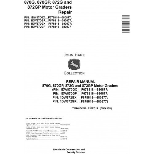 TM14074X19 John Deere 870G, 870GP, 872G, 872GP Motor Graders Pdf Repair Service Technical Manual