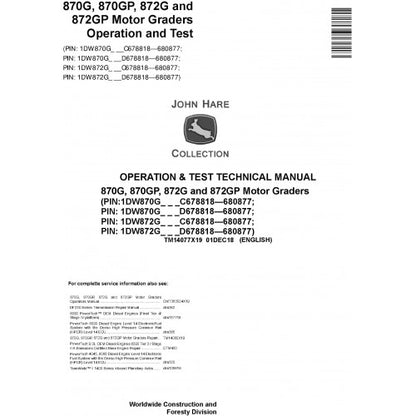 TM14077X19 John Deere 870G, 870GP, 872G, 872GP Motor Graders Pdf Operation and Test Technical Manual