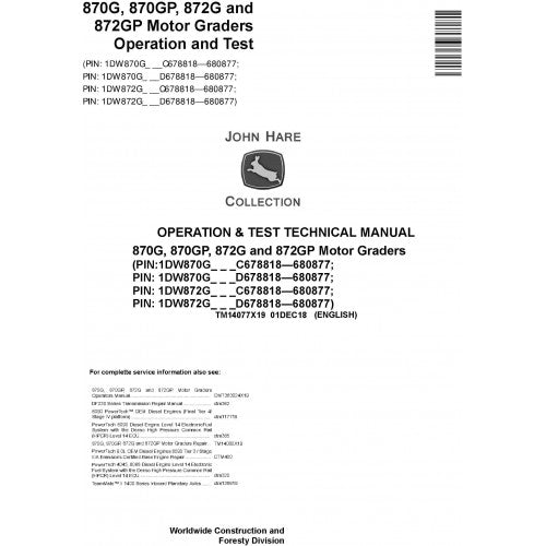 TM14077X19 John Deere 870G, 870GP, 872G, 872GP Motor Graders Pdf Operation and Test Technical Manual
