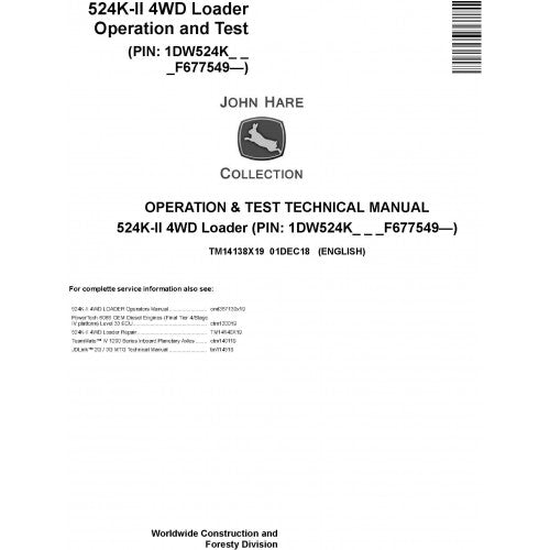 TM14138X19 John Deere 524K-II 4WD Loader Pdf Diagnostic, Operation and Test Service Manual