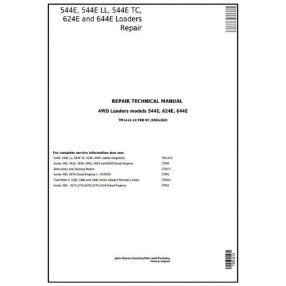 TM1414 John Deere 544E, 544E LL, 544E TC, 624E and 644E 4WD Loader Pdf Repair Service Technical Manual