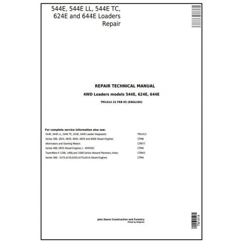 TM1414 John Deere 544E, 544E LL, 544E TC, 624E and 644E 4WD Loader Pdf Repair Service Technical Manual