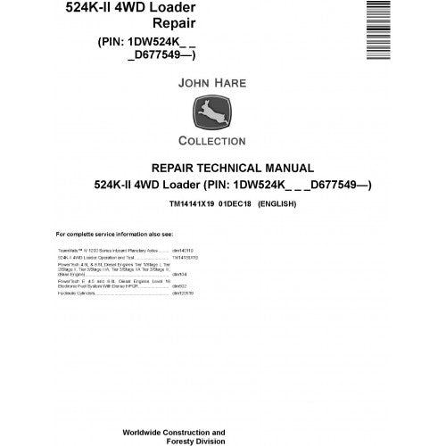 TM14141X19 John Deere 524K-II 4WD Loader Pdf Repair Service Technical Manual
