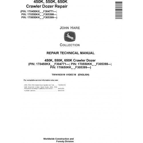 TM14163X19 John Deere 450K, 550K, 650K Crawler Dozer Pdf Repair Service Technical Manual