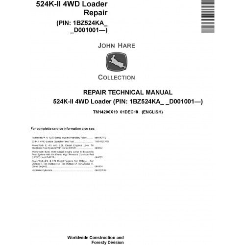 TM14200X19 John Deere 524K-II 4WD Loader Pdf Repair Service Technical Manual