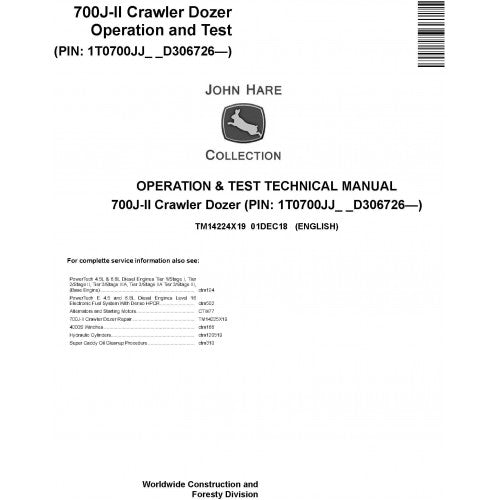 TM14224X19 John Deere 700J-II Crawler Dozer Pdf Operation & Test Technical Manual