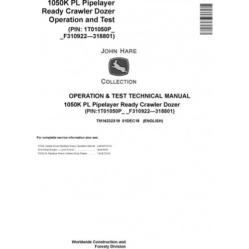 TM14232X19 John Deere 1050K PL Pipelayer Ready Crawler Dozer Pdf Operation and Test Technical Manual