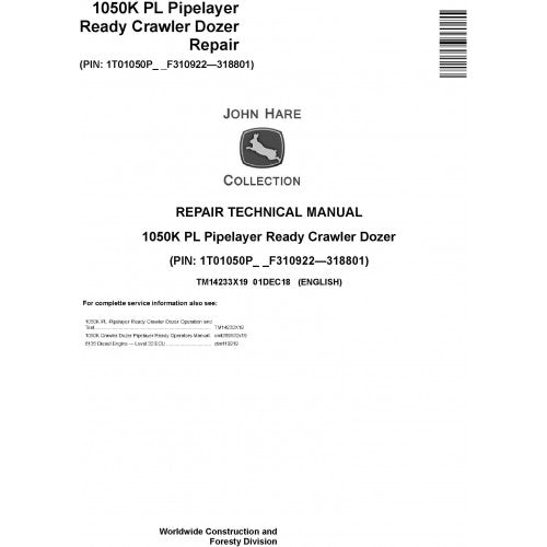 TM14233X19 John Deere 1050K PL Pipelayer Ready Crawler Dozer Pdf Repair Service Technical Manual