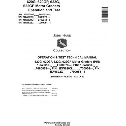 TM14240X19 John Deere 620G, 620GP, 622G, 622GP Motor Graders Pdf Operation and Test Technical Manual