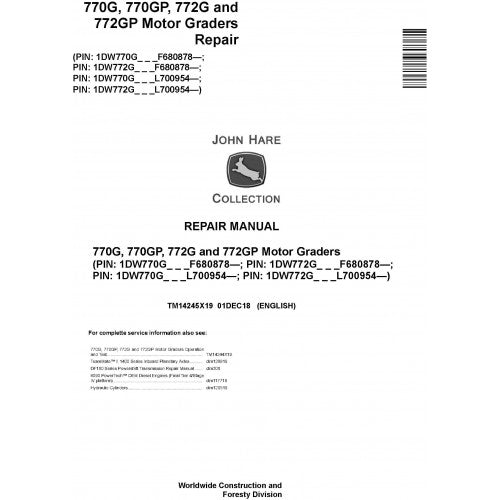 TM14245X19 John Deere 770G, 770GP, 772G, 772GP Motor Graders Pdf Repair Service Technical Manual