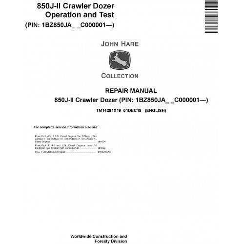 TM14281X19 John Deere 850J-II Crawler Dozer Pdf Repair Service Technical Manual