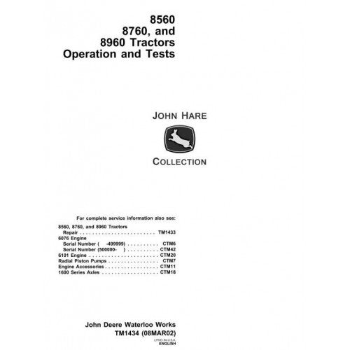TM1434 John Deere 8560, 8760, 8960 4WD Articulated Tractor Pdf Operation and Tests Manual