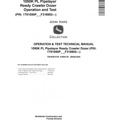 TM14351X19 John Deere 1050K PL Pipelayer Ready Crawler Dozer Pdf Operation and Test Technical Manual