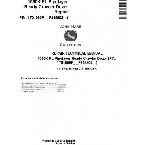 TM14352X19 John Deere 1050K PL Pipelayer Ready Crawler Dozer Pdf Repair Service Technical Manual