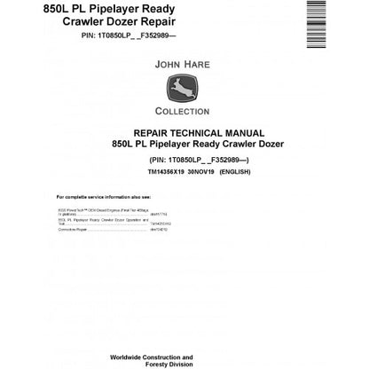 TM14356X19 John Deere 850L PL Pipelayer Ready Crawler Dozer Pdf Repair Service Technical Manual