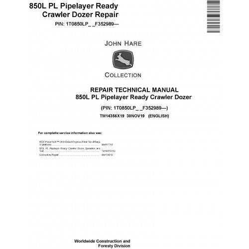TM14356X19 John Deere 850L PL Pipelayer Ready Crawler Dozer Pdf Repair Service Technical Manual
