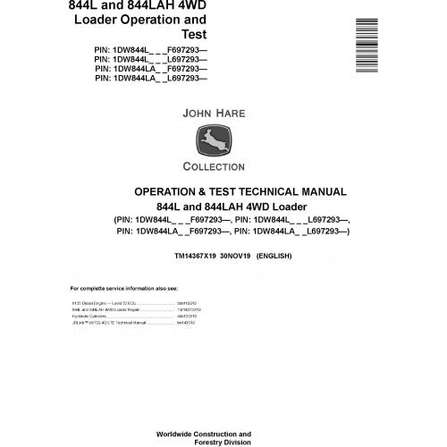 TM14367X19 John Deere 844L and 844LAH 4WD Loader Pdf Operation & Test Technical Manual