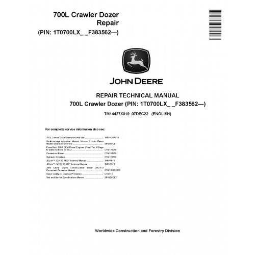 TM14427X019 John Deere 700L Crawler Dozer Pdf Repair Service Technical Manual