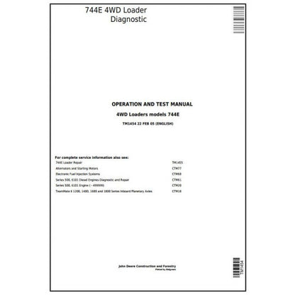 TM1454 John Deere 744E 4WD Loader Pdf Diagnostic, Operation and Test Service Manual