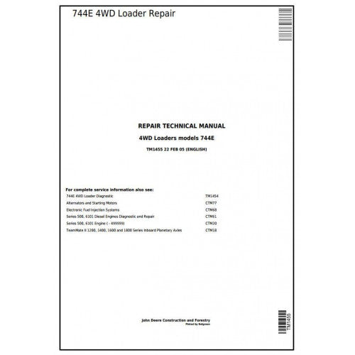 TM1455 John Deere 744E 4WD Loader Pdf Repair Service Technical Manual