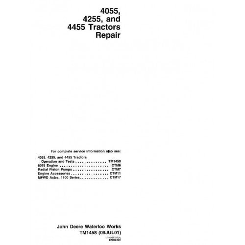 TM1458 John Deere 4055, 4255, 4455 Tractor Pdf Repair Technical Manual