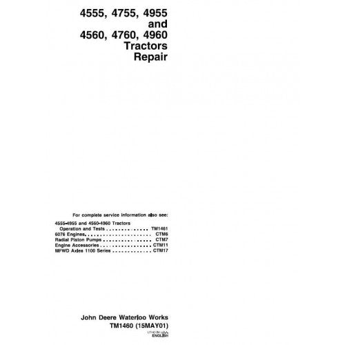 TM1460 John Deere 4555, 4560, 4755, 4760, 4955, 4960 Tractor Pdf Technical Service Manual