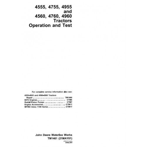 TM1461 John Deere 4555, 4560, 4755, 4760, 4955, 4960 Tractor Pdf Operation and Tests Manual