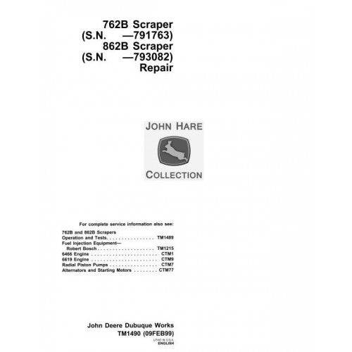 TM1490 John Deere 762B, 862B Scraper Pdf Repair Service Technical Manual