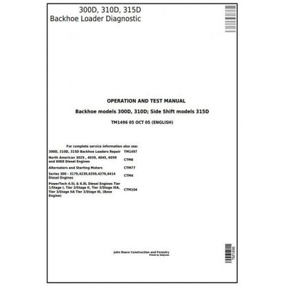 TM1496 John Deere 300D, 310D Backhoe 315D Side Shift Loader Pdf Diagnostic, Operation and Test Service Manual