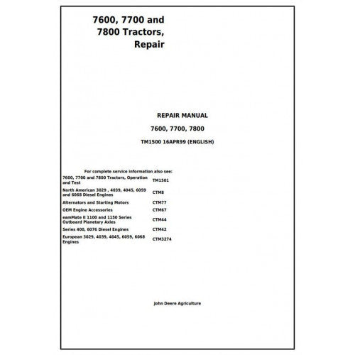 TM1500 John Deere 7600, 7700 and 7800 Tractor Pdf Repair Technical Manual