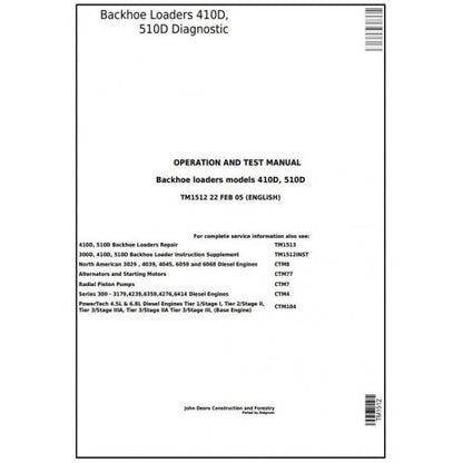 TM1512 John Deere 410D, 510D Backhoe Loaders Pdf Diagnostic, Operation and Test Service Manual