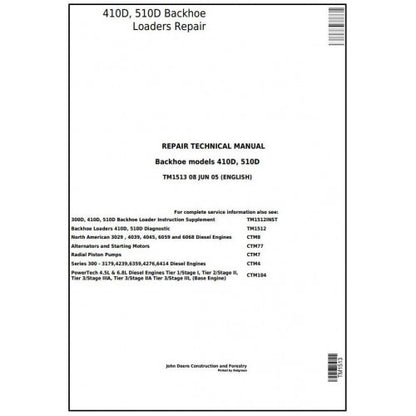 TM1513 John Deere 410D, 510D Backhoe Loaders Pdf Repair Service Technical Manual