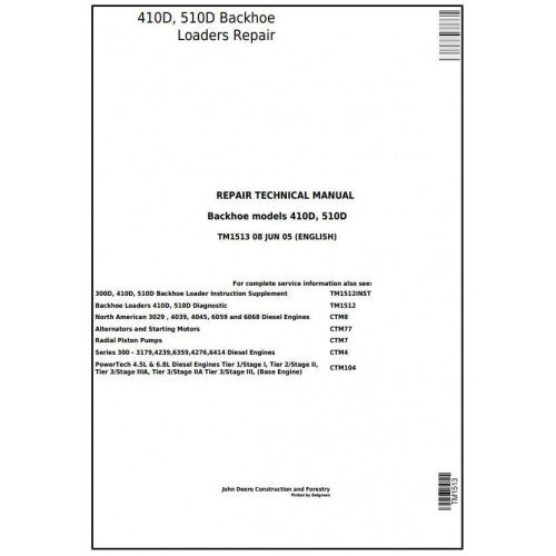 TM1513 John Deere 410D, 510D Backhoe Loaders Pdf Repair Service Technical Manual