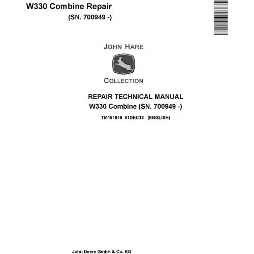 TM151919 John Deere W330 Combine Pdf Repair Service Technical Manual
