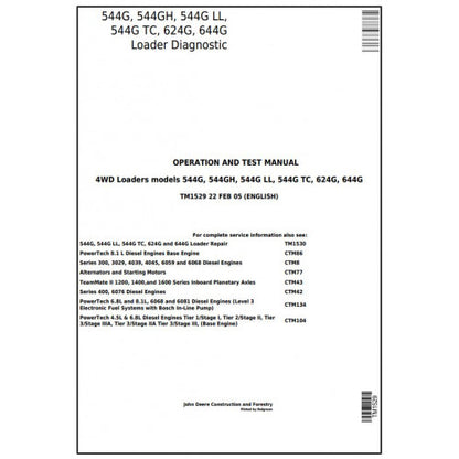 TM1529 John Deere 544G, 544GH, 544G LL, 544G TC, 624G, 644G Loader Pdf Diagnostic, Operation and Test Service Manual